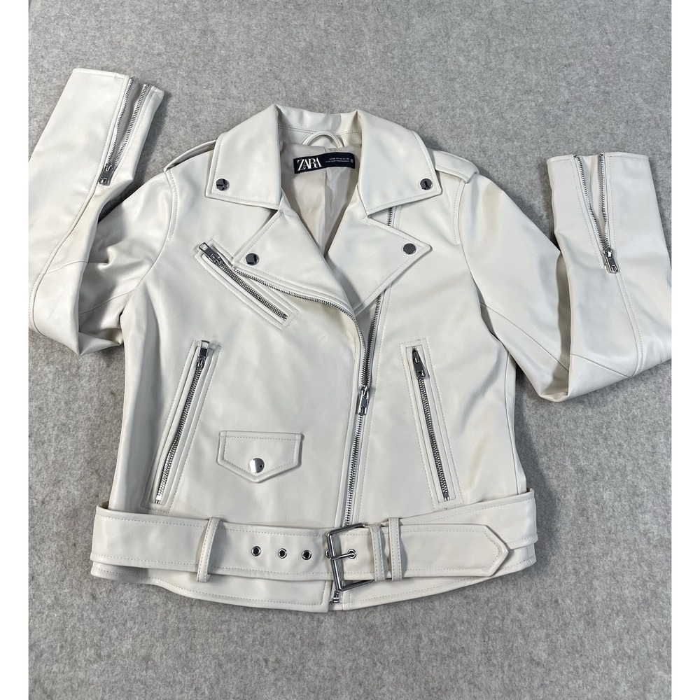 NWOT Zara Womens M Faux Leather Motorcycle Moto Jacket Zip Up Beige - Picture 2 of 16